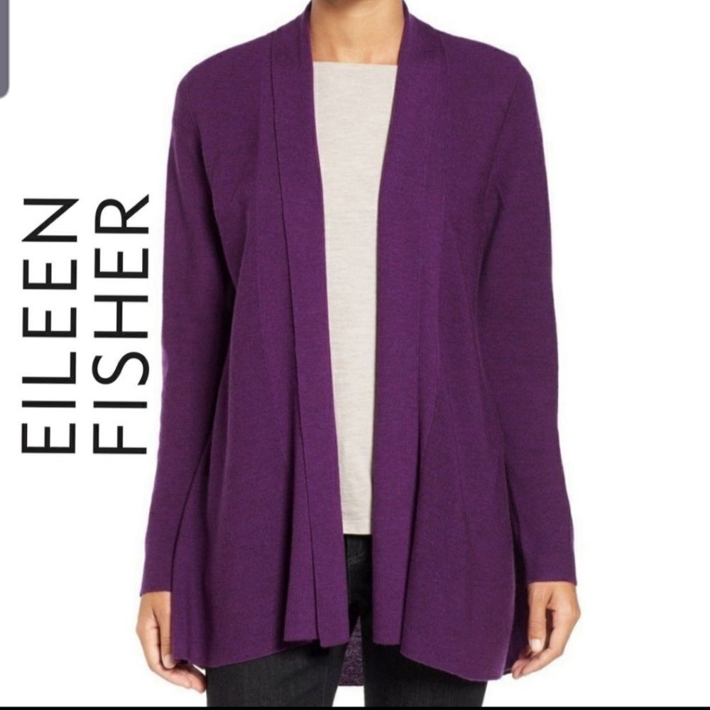 Eileen Fisher eggplant purple merino wool open fro